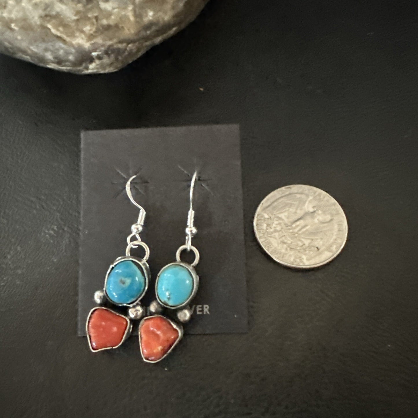 Blue Turquoise Red Coral Sterling Silver Navajo Dangle Earrings 18843