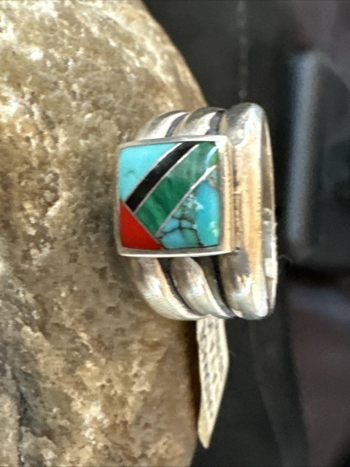 MultiColor Navajo Sterling Turquoise Spiny Oyster Inlay Ring Sz 6.5 18707