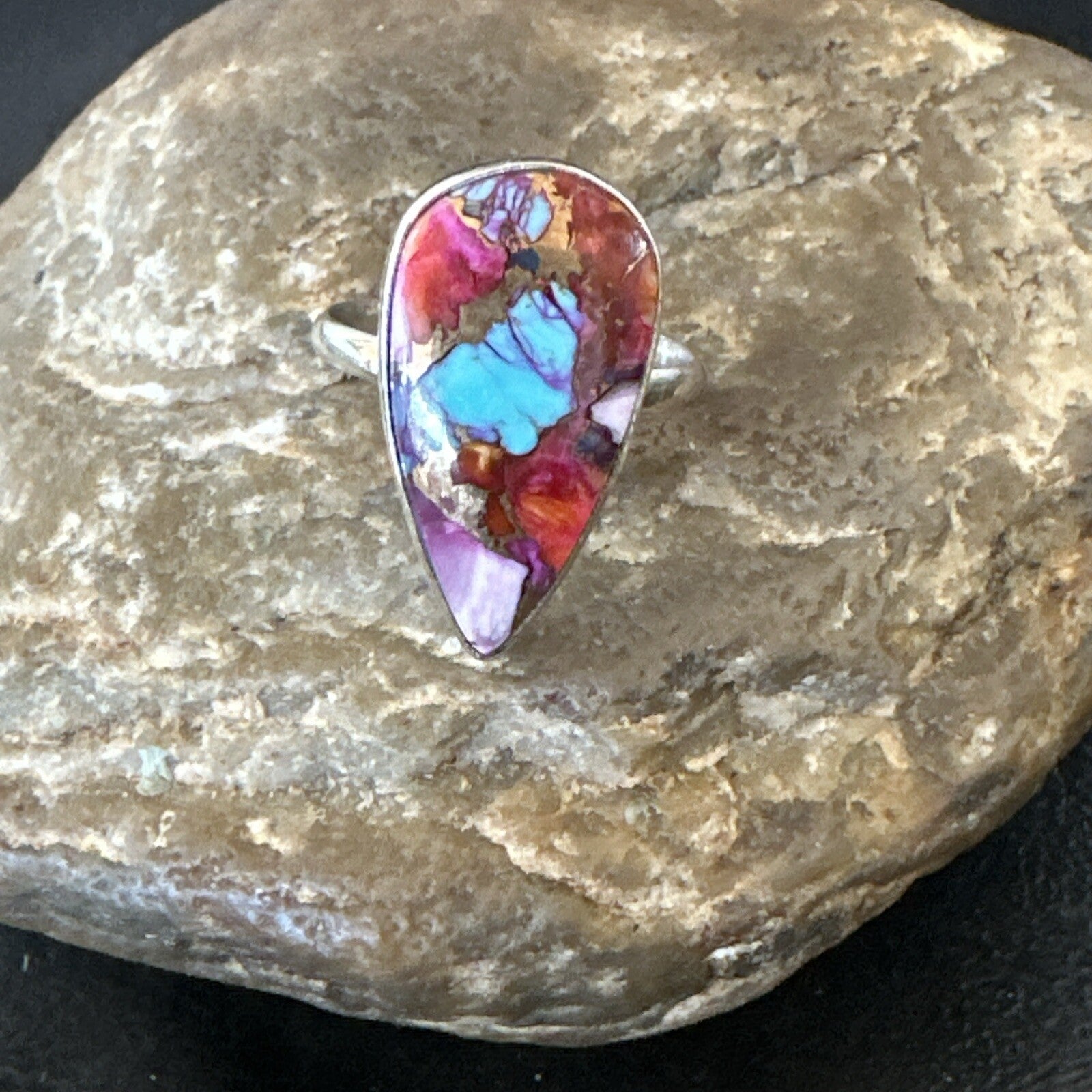 Blue Turquoise Spiny Oyster Southwestern Sterling Silver Ring Size 11 18454