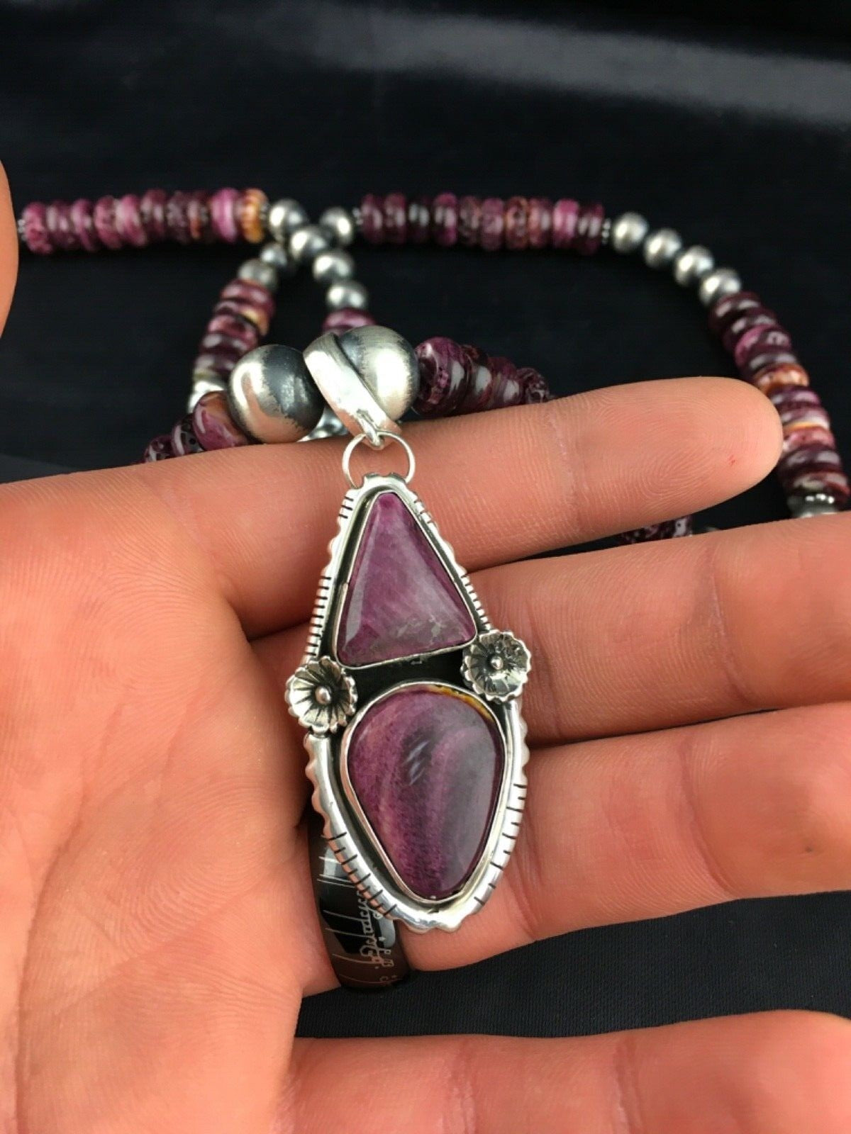 Purple Spiny Oyster Pendant Navajo Sterling Silver Beads Necklace 08175