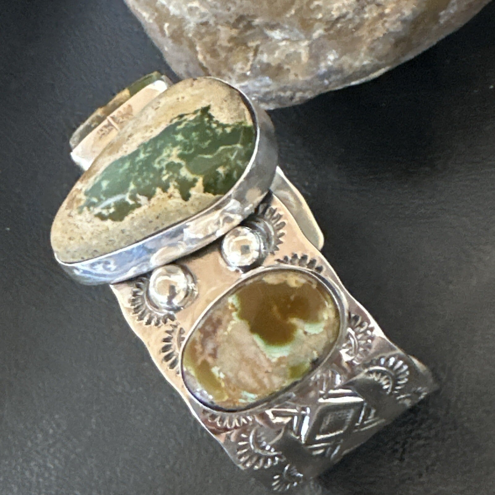 Navajo Green Royston TURQUOISE Stamped Sterling Silver Cuff Bracelet 18975