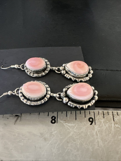 Yazzie Pink Queen Conch Navajo Sterling Silver Dangle Earrings 19321