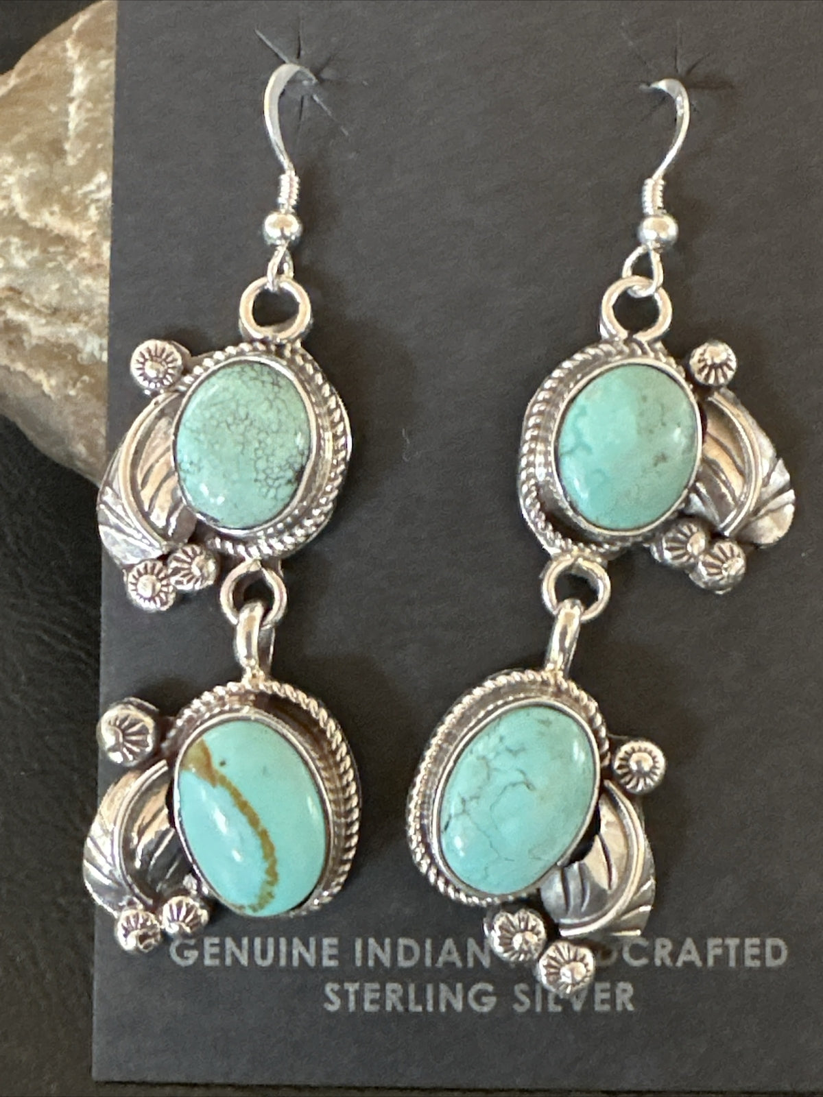 Native Navajo Blue Dry Creek Turquoise Sterling Silver Dangle Earrings 2” 17920