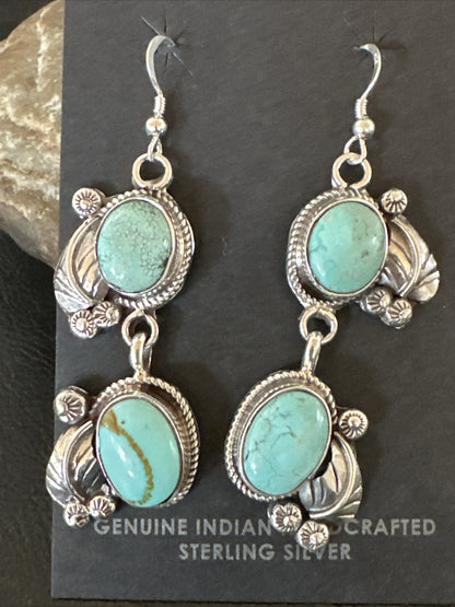 Native Navajo Blue Dry Creek Turquoise Sterling Silver Dangle Earrings 2” 17920