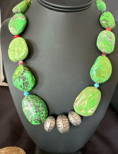 Green Turquoise Chunky Multicolor Southwest Sterling Silver Necklace 21" 19251