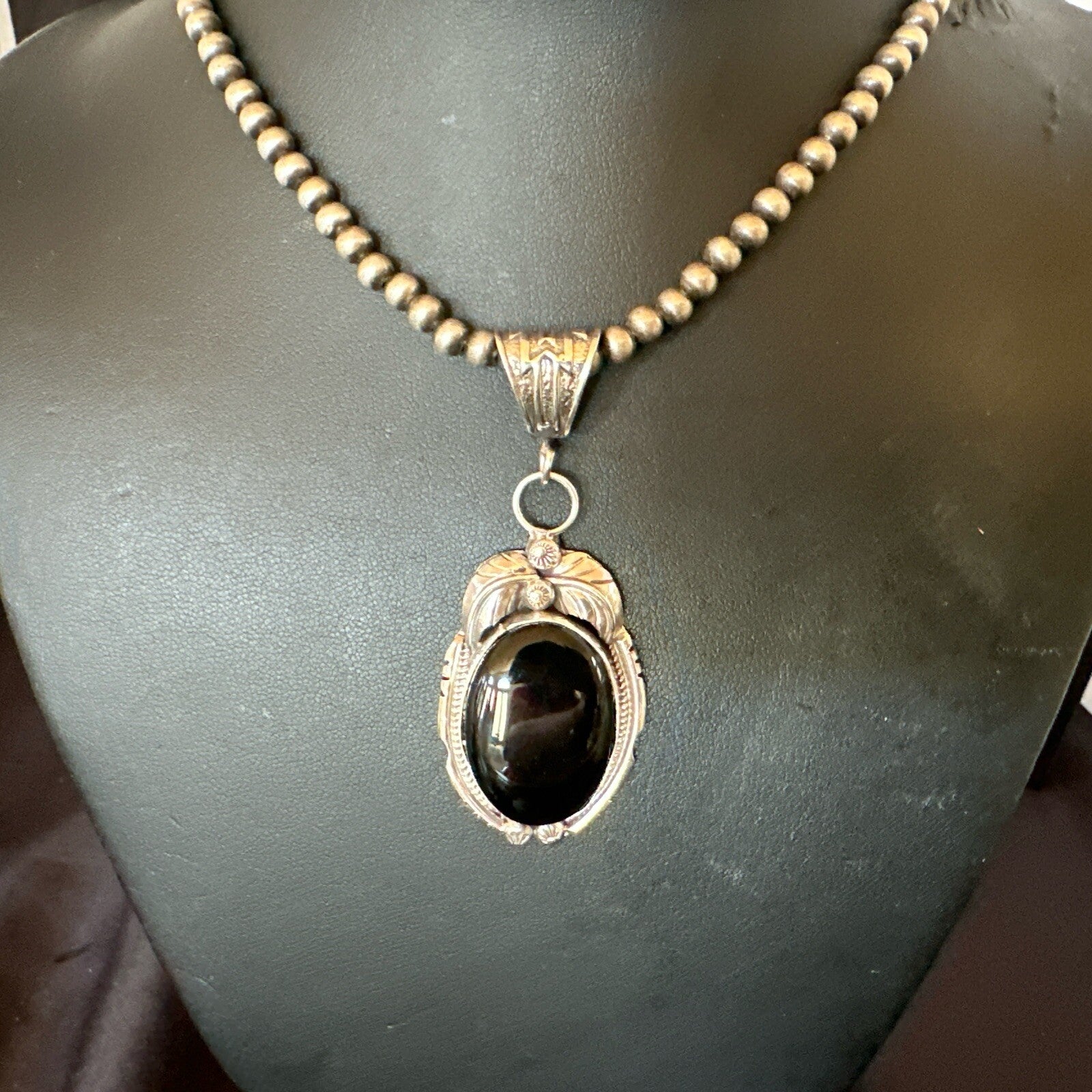 Mens Sterling Silver Beads Black Onyx Pendant Necklace 17992