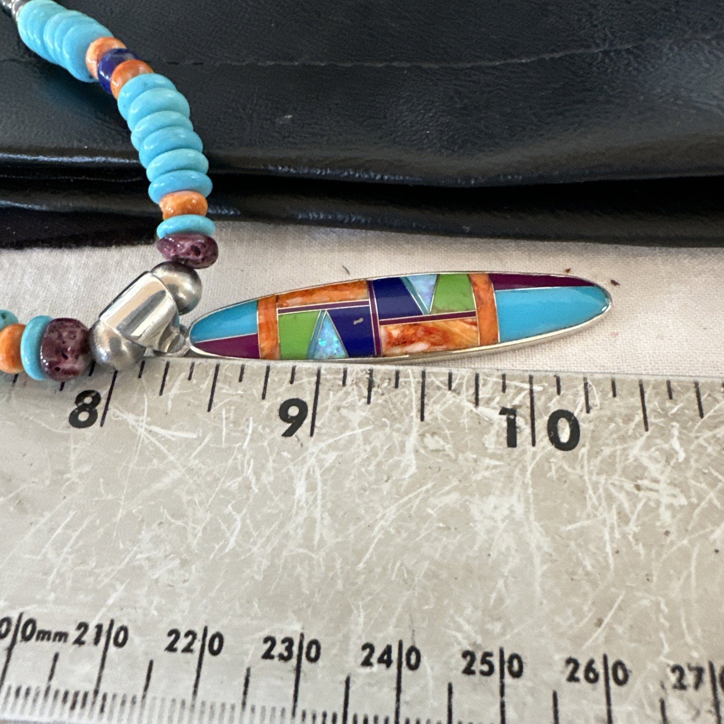 Multicolor Turquoise Spiny Navajo Sterling Silver Inlay Pendant Necklace 19644