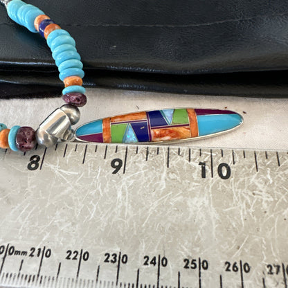 Multicolor Turquoise Spiny Navajo Sterling Silver Inlay Pendant Necklace 19644