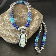 Blue Turquoise White Opal Pendant Lapis Navajo Necklace | Sterling Silver | Authentic Native American Handmade | 19471