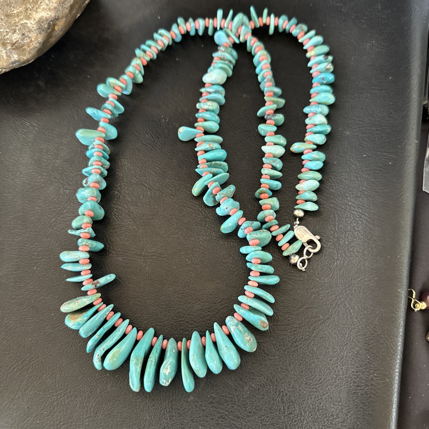 Mens Women Navajo Blue Turquoise Pink Coral Necklace Sterling Silver 28” 19746