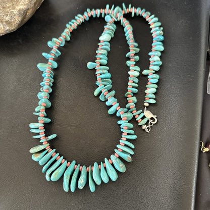 Mens Women Navajo Blue Turquoise Pink Coral Necklace Sterling Silver 28” 19746