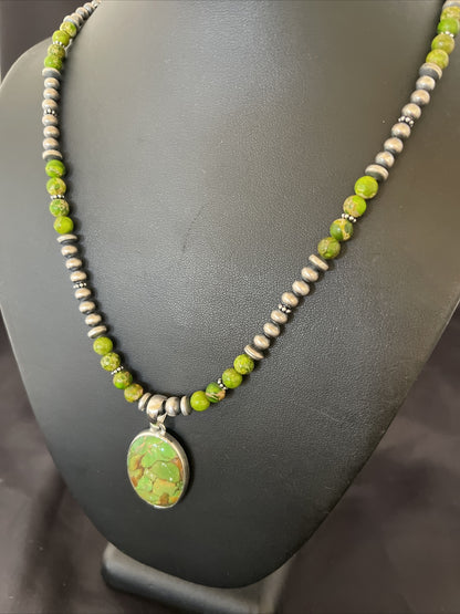 Women Green Mohave Turquoise Pendant Sterling Silver Beads Necklace 10311