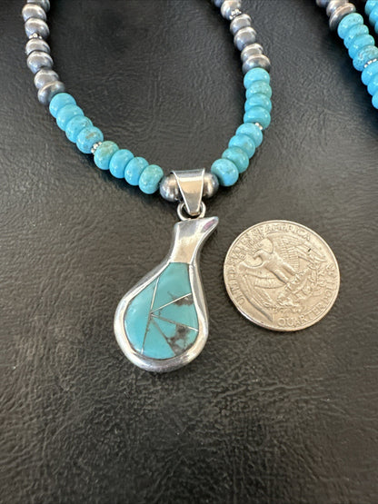 Pottery Blue Kingman Turquoise Pendant Navajo Sterling Silver Necklace 21" 18379