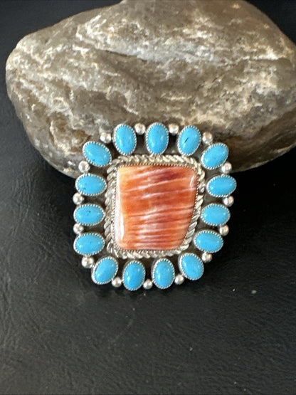 Orange Spiny Oyster Turquoise Navajo Sterling Silver Cluster Ring Sz 9 19761