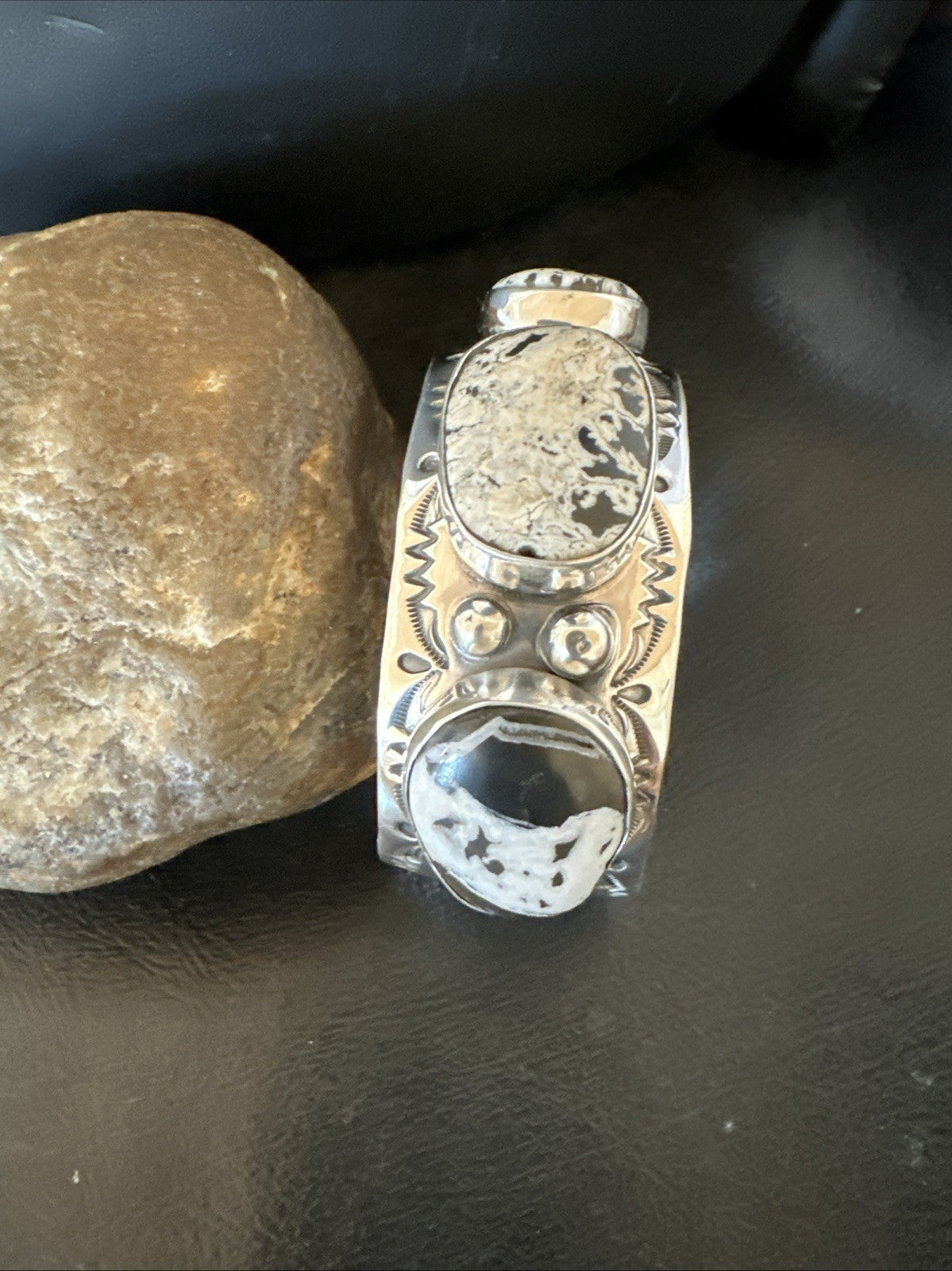 Mens White Buffalo Turquoise Navajo Sterling Silver Cuff Bracelet 7.5" 19428