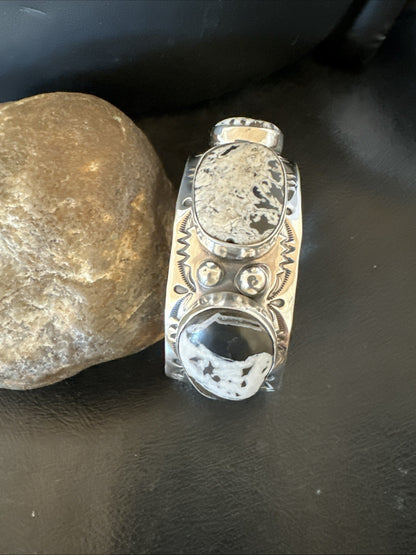 Mens White Buffalo Turquoise Navajo Sterling Silver Cuff Bracelet 7.5" 19428