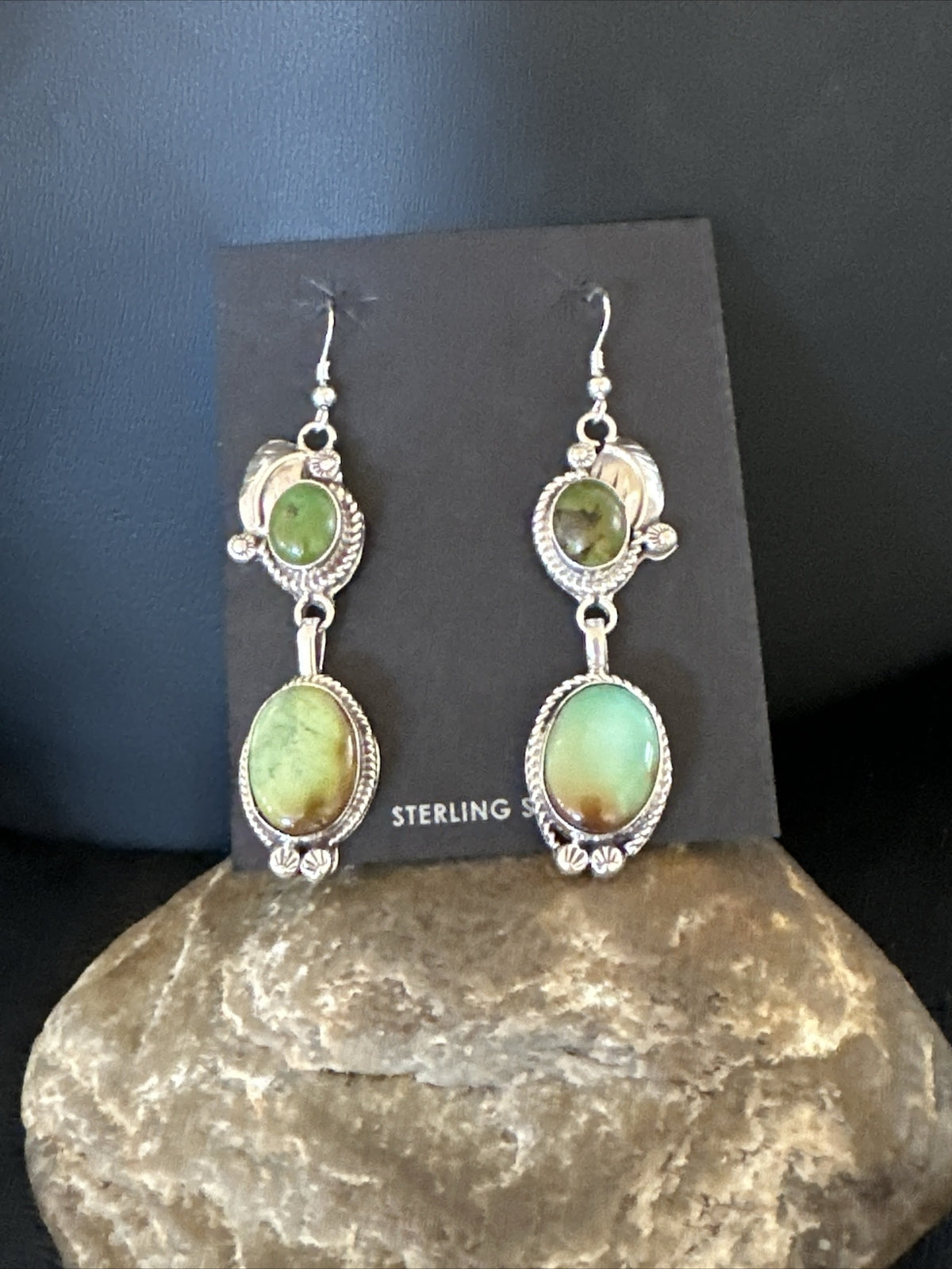 Native Navajo Green Turquoise Sterling Silver Dangle Earrings 2” 17700
