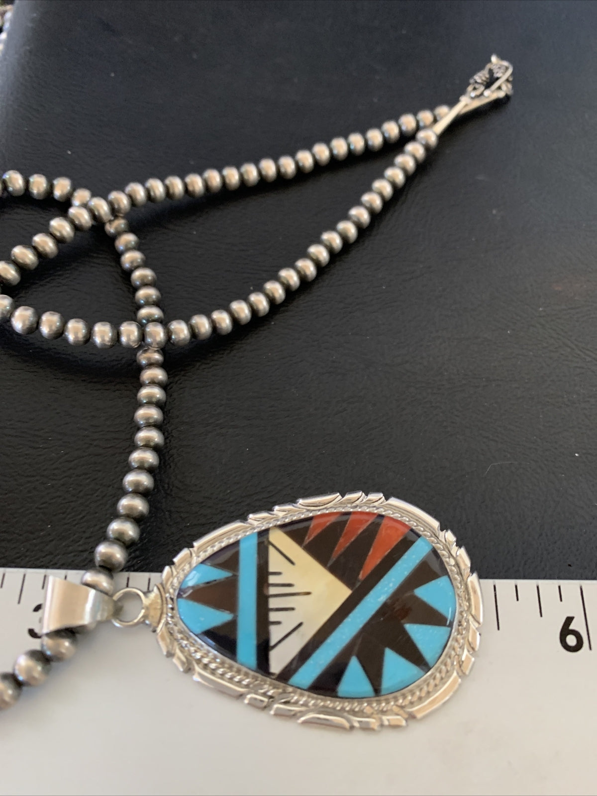 Turquoise Mother Of Pearl Coral Onyx Pendant Zuni Sterling Silver Necklace 12260