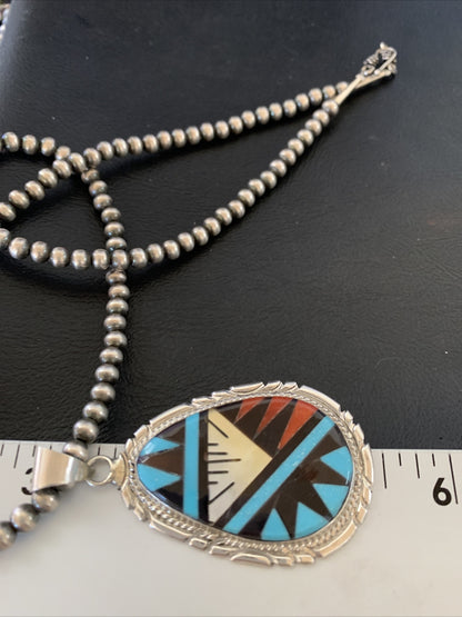 Turquoise Mother Of Pearl Coral Onyx Pendant Zuni Sterling Silver Necklace 12260