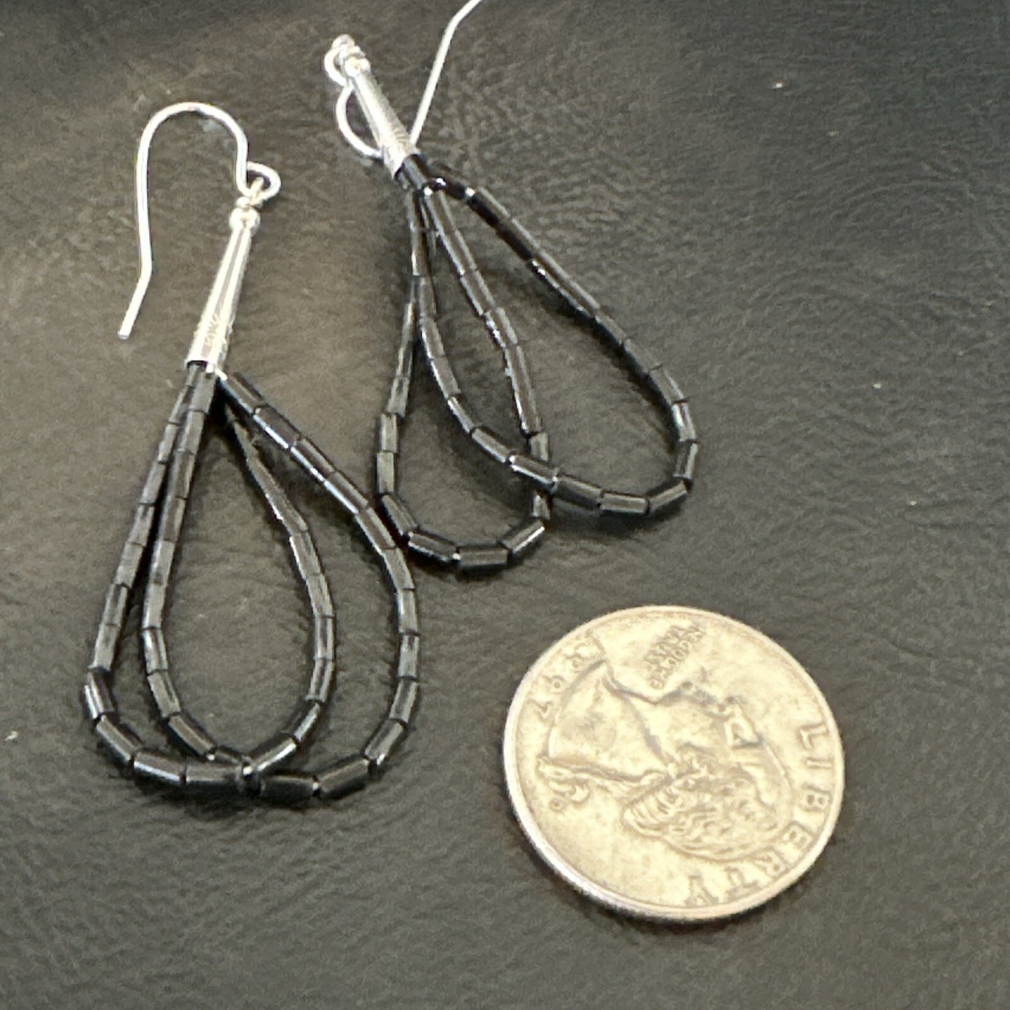 Black Onyx Heishi 2S Bead Southwestern Sterling Silver Earrings 2" 18177