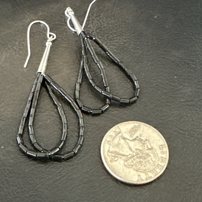 Black Onyx Heishi 2S Bead Southwestern Sterling Silver Earrings 2" 18177