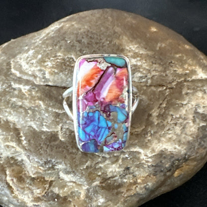 Blue Turquoise Spiny Oyster Southwestern Sterling Silver Ring Size 9 19059