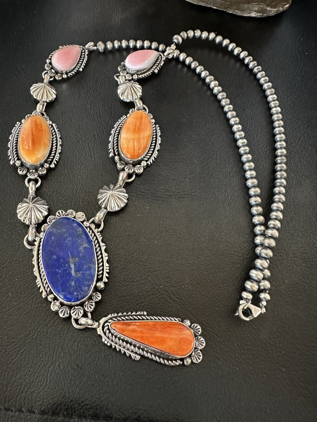 Multicolor Spiny Lapis Pendant Navajo Sterling Silver Lariat Necklace 28" 19438