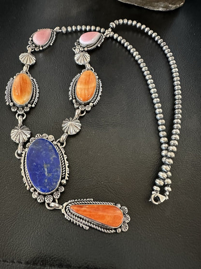 Multicolor Spiny Lapis Pendant Navajo Sterling Silver Lariat Necklace 28" 19438