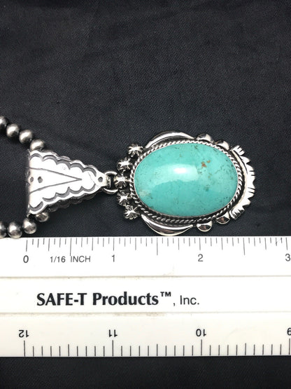 Kingman Turquoise Pendant 3 Strands Navajo Pearls Sterling Silver Necklace 03204