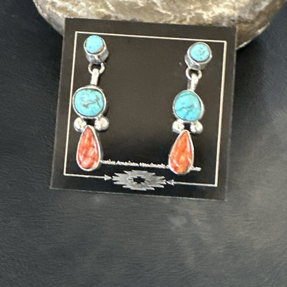 Blue Turquoise Red Spiny MultiColor Navajo Sterling Silver Inlay Earrings 18354