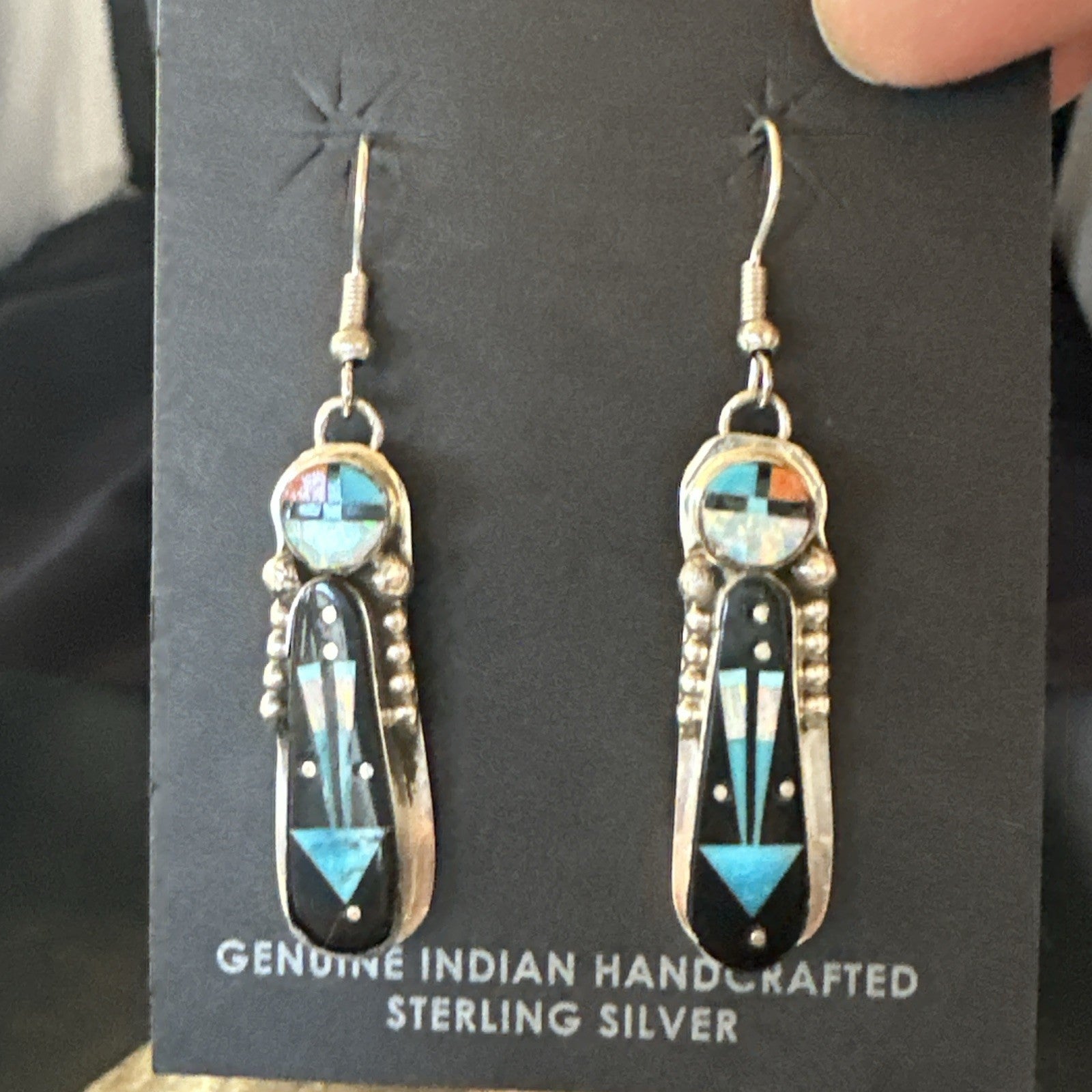 Navajo Onyx Opal Turquoise Inlay Earrings Sterling Silver Handmade 19773