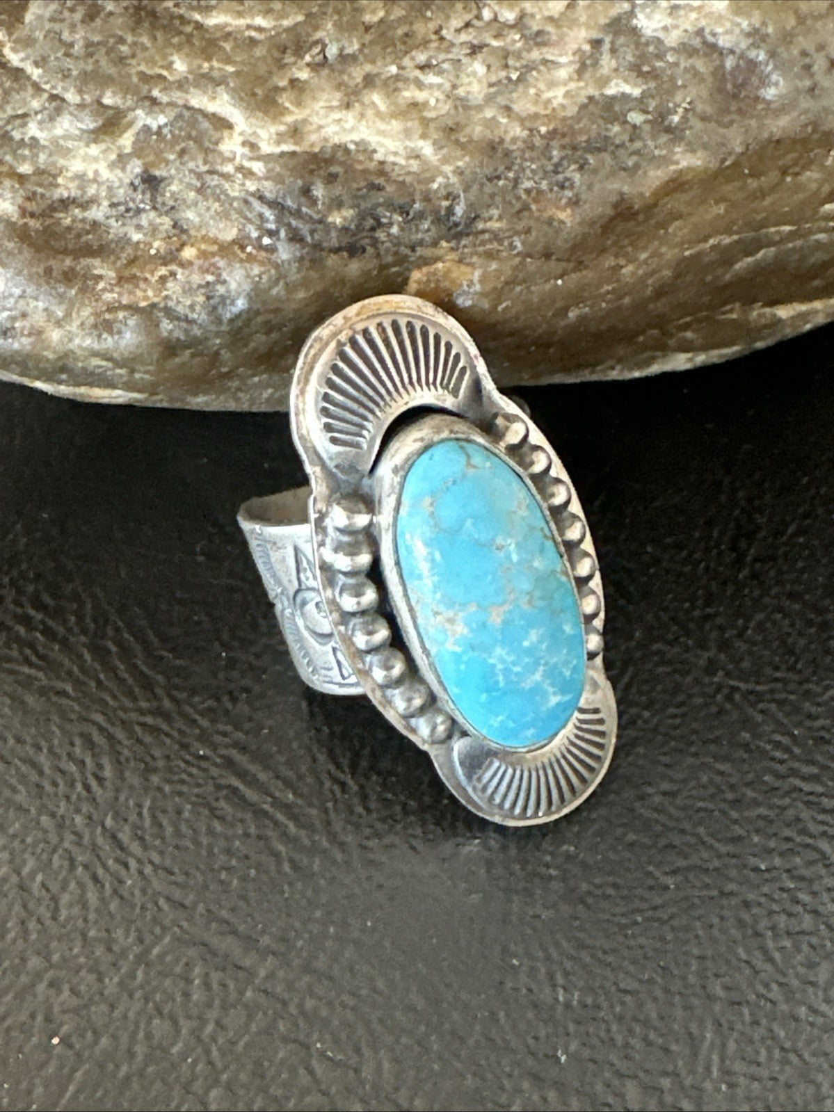 WoMens Blue Kingman Turquoise Navajo Sterling Silver Adjustable Ring Sz 8 19421