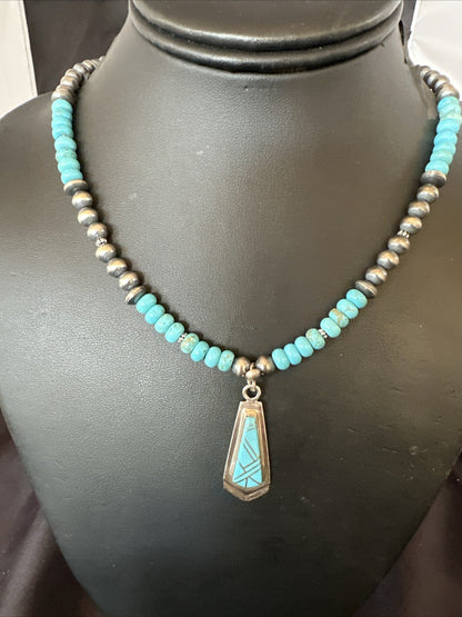 Inlay Blue Kingman Turquoise Pendant Navajo Sterling Silver Necklace 21" 18380