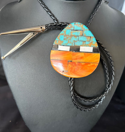 Mens Turquoise Orange Spiny Oyster Sterling Silver Santo Domingo Bolo Tie 14631