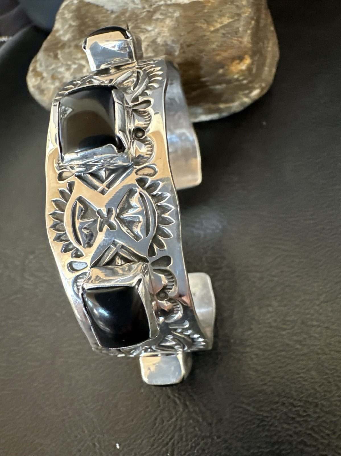 Mens Womens Navajo Sterling Silver Black Onyx Cluster Cuff Bracelet 7.5" 19432
