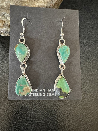 Green Royston Turquoise Navajo Sterling Silver Dangle Earrings 19370