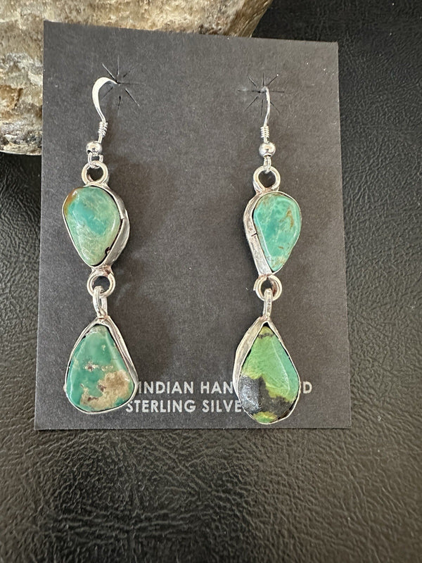 Green Royston Turquoise Navajo Dangle Earrings | Sterling Silver | Authentic Native American Handmade | 19370