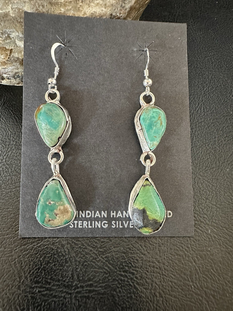 Green Royston Turquoise Navajo Sterling Silver Dangle Earrings 19370