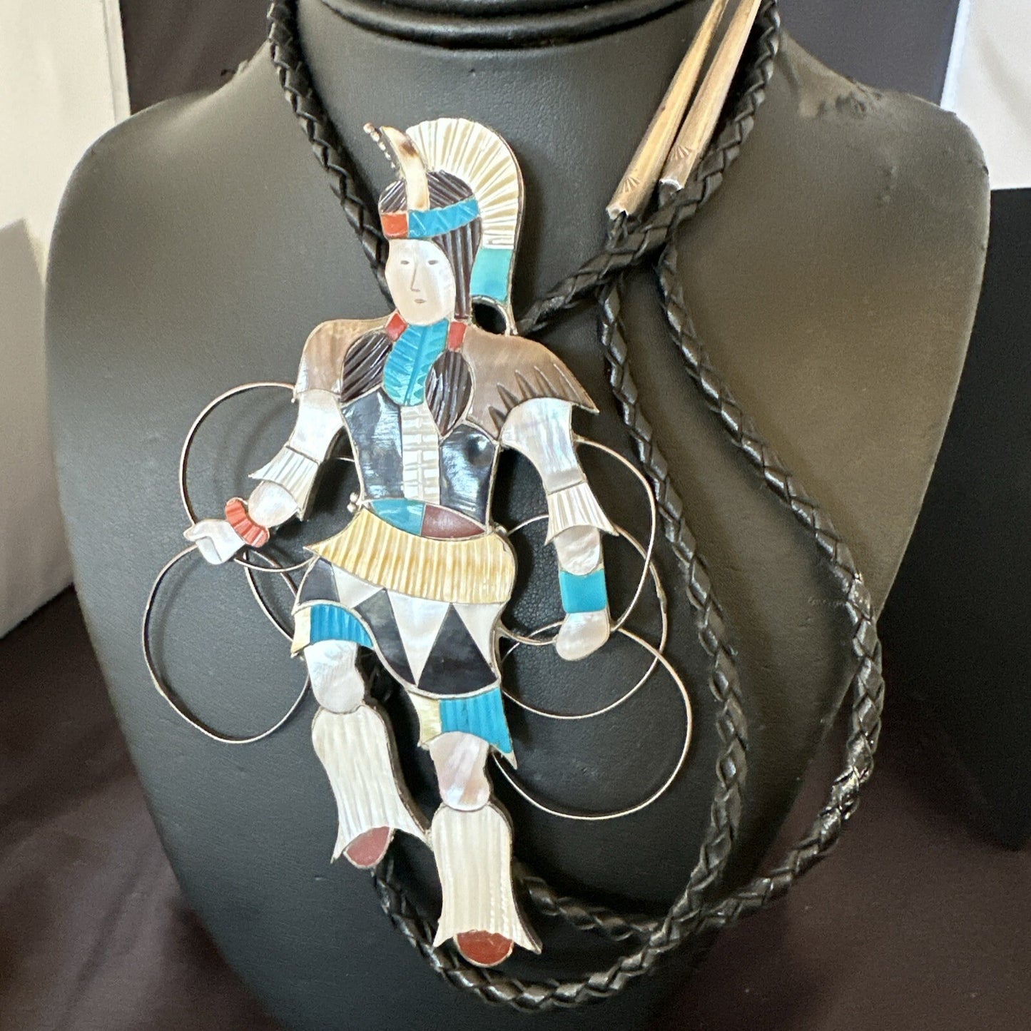 Men Bolo Tie Zuni Hoop Dancer Blue Turquoise Onyx Inlay Sterling Silver 18147