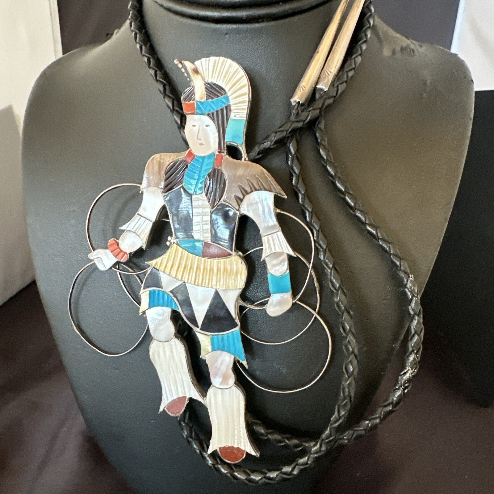 Men Bolo Tie Zuni Hoop Dancer Blue Turquoise Onyx Inlay Sterling Silver 18147