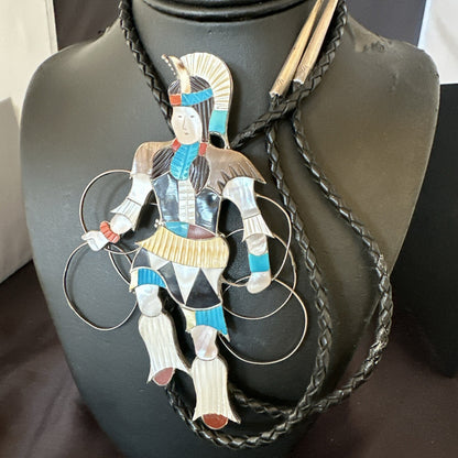 Men Bolo Tie Zuni Hoop Dancer Blue Turquoise Onyx Inlay Sterling Silver 18147
