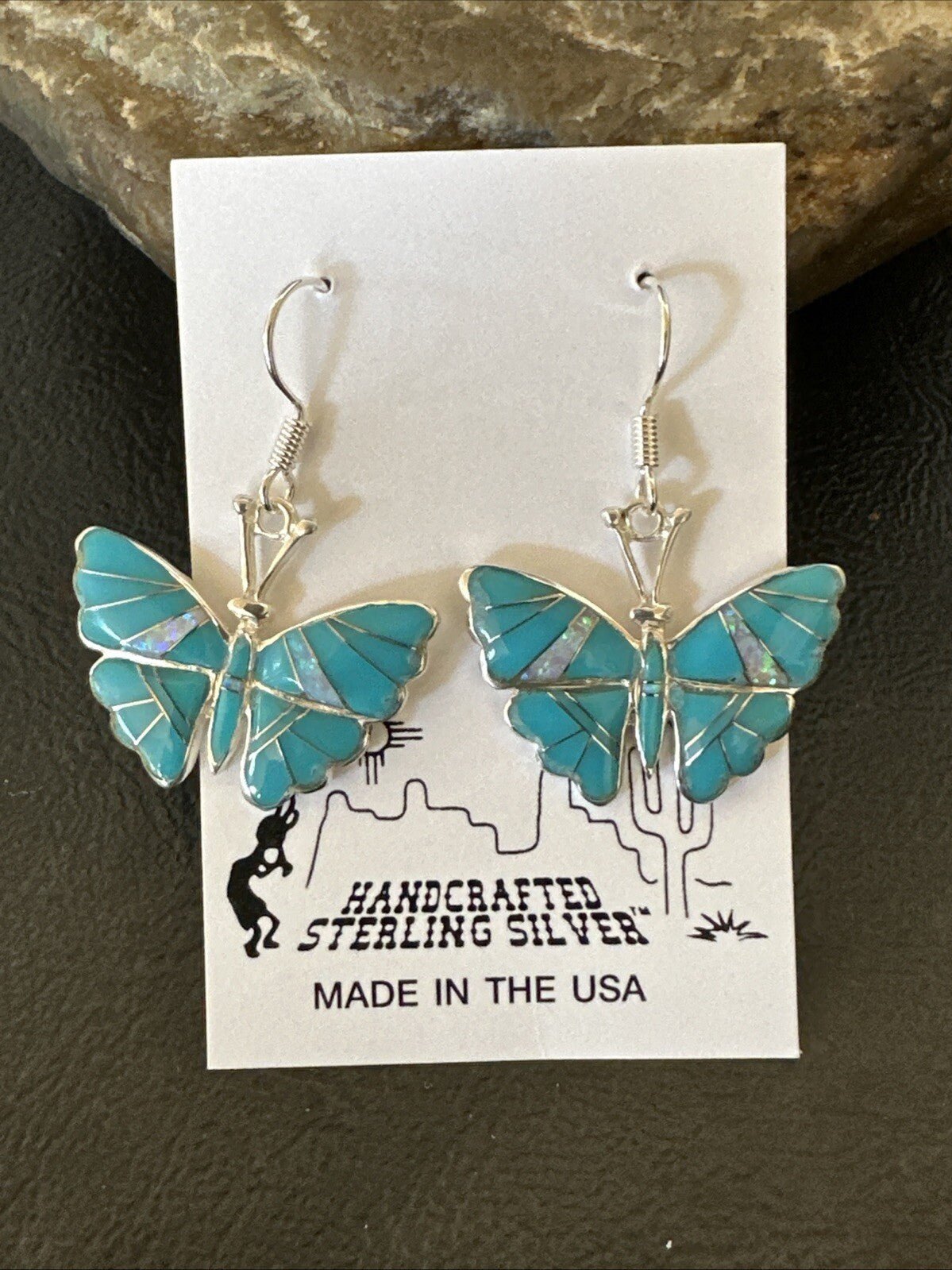 Butterfly Blue Turquoise Opal Inlay Sterling Silver Dangle Earrings 18554
