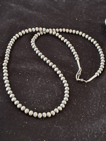 Native American 5mm Sterling Silver Beads Navajo 21" Hook & Eye Cone Necklace