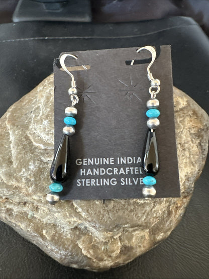 Navajo Sterling Silver Blue Turquoise Black Onyx Bead Dangle Earrings 18645