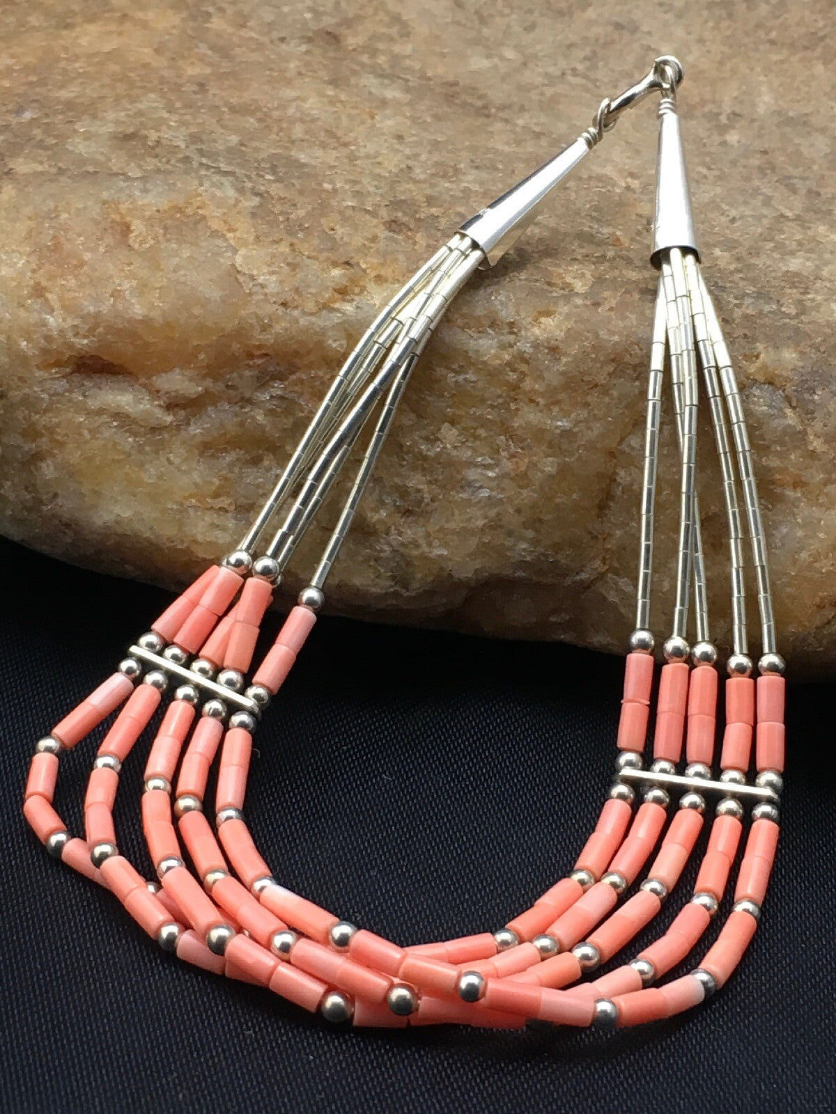 Native Pink Coral 5 Strand Heishi Liquid Sterling Silver Bracelet 7" 4345