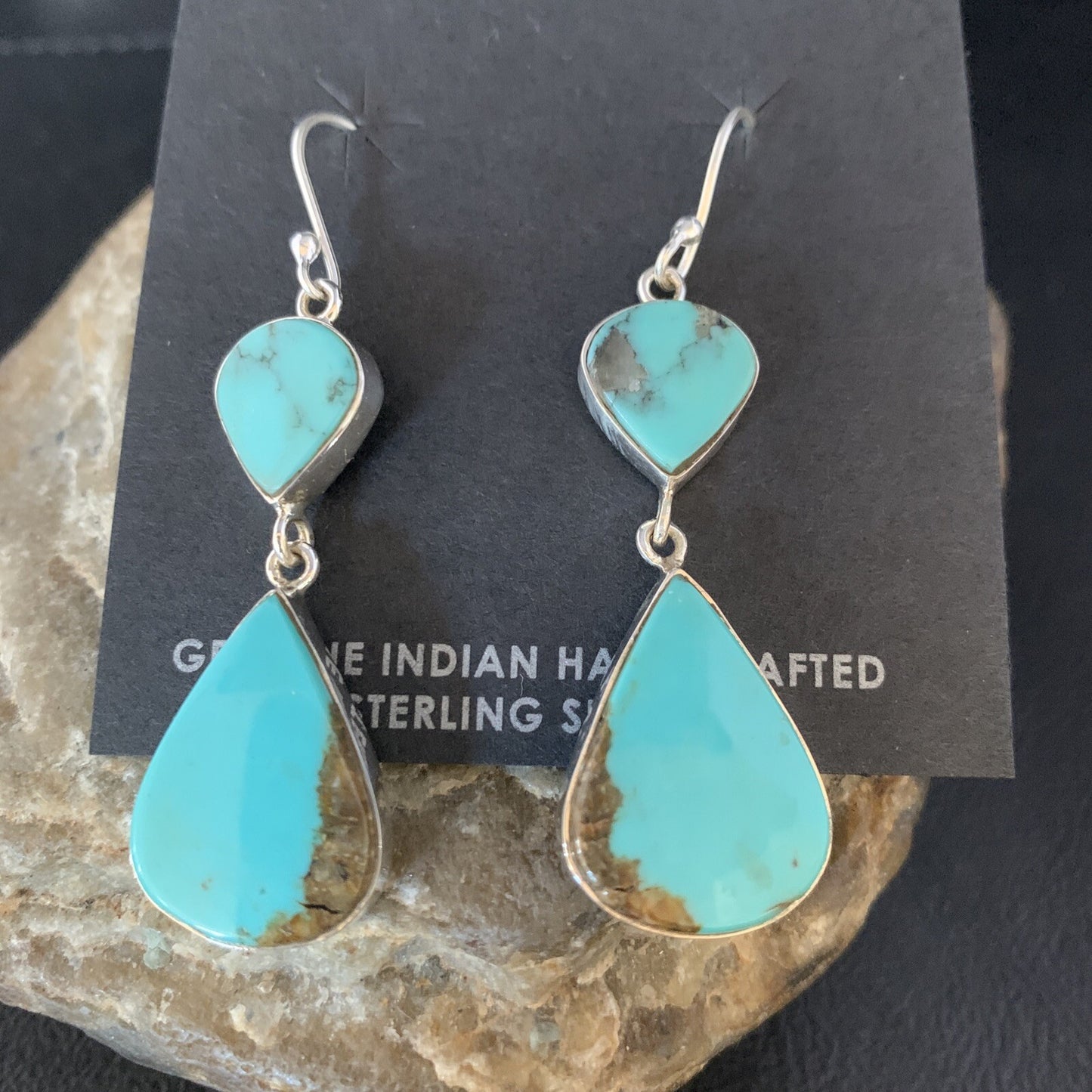Kingman Turquoise Handmade Navajo Sterling Silver Dangle Earrings 13899