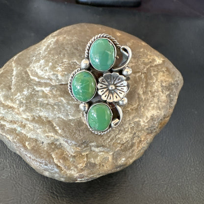Yazzie Ring Green Turquoise Navajo Sterling Silver Cluster Size 8.5 19234