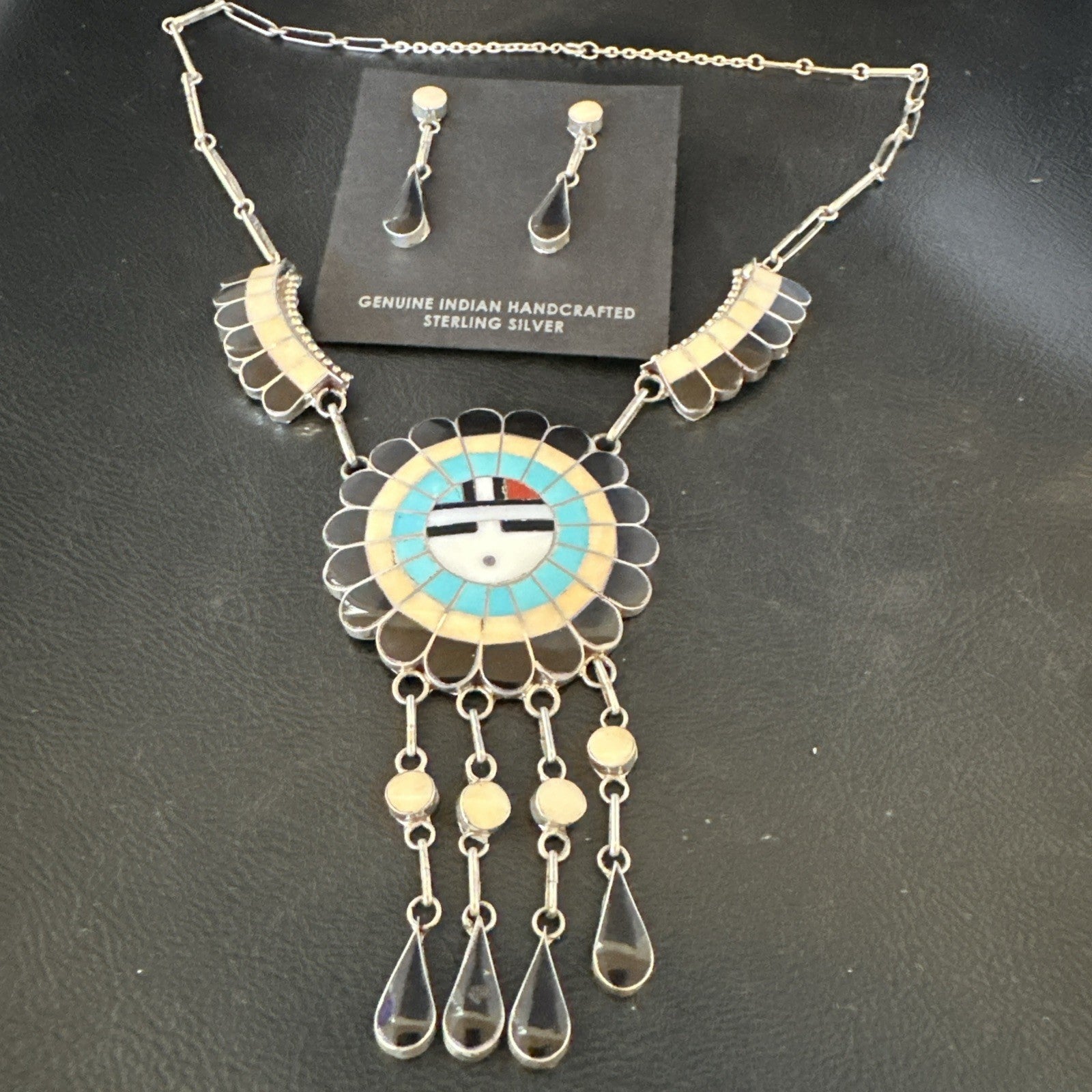 Sunface Spiny Onyx Turquoise Zuni Sterling Silver Necklace 18" Earrings 19115