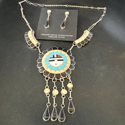 Sunface Spiny Onyx Turquoise Zuni Sterling Silver Necklace 18" Earrings 19115