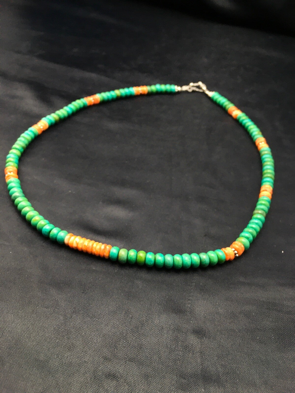 Green Turquoise & Spiny Oyster Navajo Sterling Silver Necklace 19" 04488